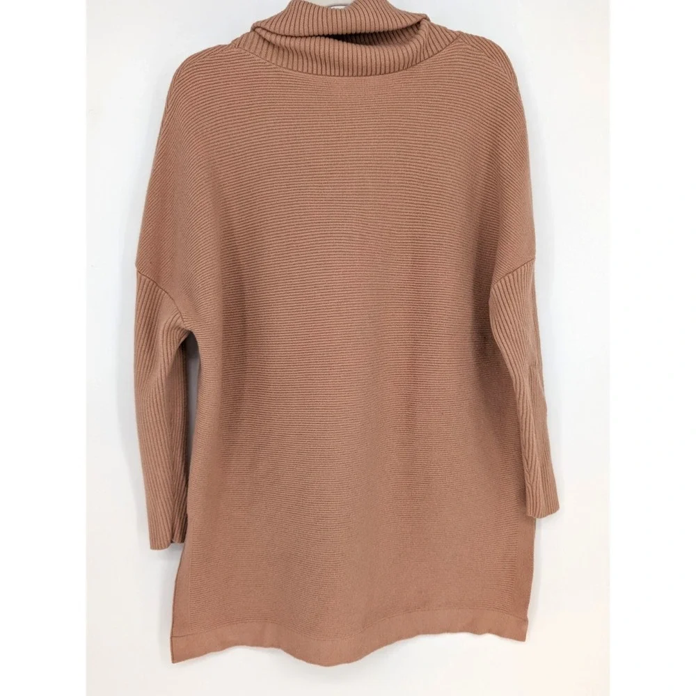 Womens Oversized‎ Turtleneck Sweater Medium Camel Asymmetric Hem Cozy Boho Chic